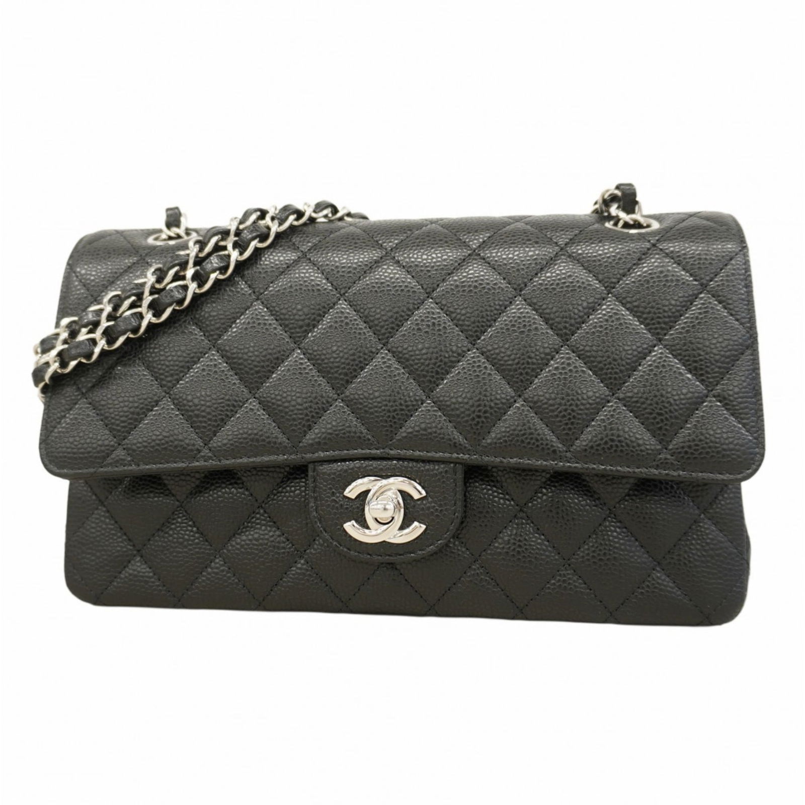 Chanel Grained Calfskin Shoulder Bag: Chanel Grained Calfskin Shoulder Bag A timeless Chanel shoulder bag, crafted from luxurious grained calfskin, adds an air of sophistication to any outfit. With its sleek silver hardware and classic