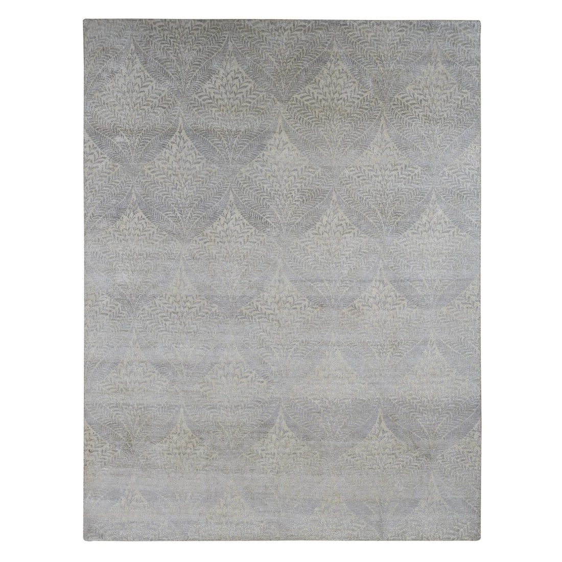 Rug 8'10"x12'1" Silver Gray Gold Leaf Design Pure Silk Hand Knotted: Rug 8'10"x12'1" Silver Gray Gold Leaf Design Pure Silk Hand Knotted Experience the timeless elegance of Indian craftsmanship with this stunning 8'10"x12'1" pure silk hand-knotted rug, boasting an