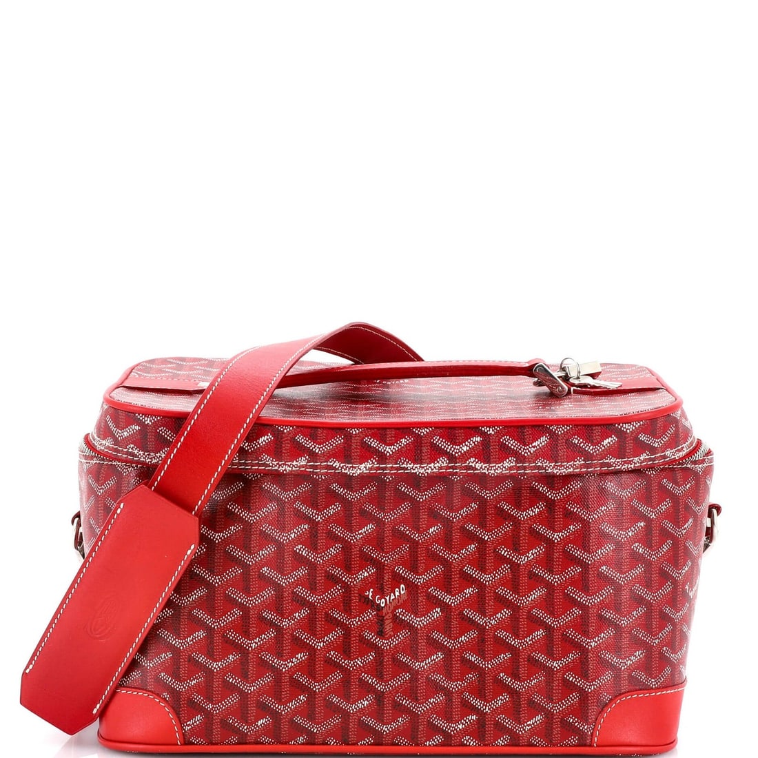 Goyard Convertible Cosmetic Train Case in Coated Canvas: Goyard Convertible Cosmetic Train Case in Coated Canvas A stylish and practical Goyard Convertible Cosmetic Train Case in vibrant red, perfect for the beauty enthusiast on-the-go. With its spacious in