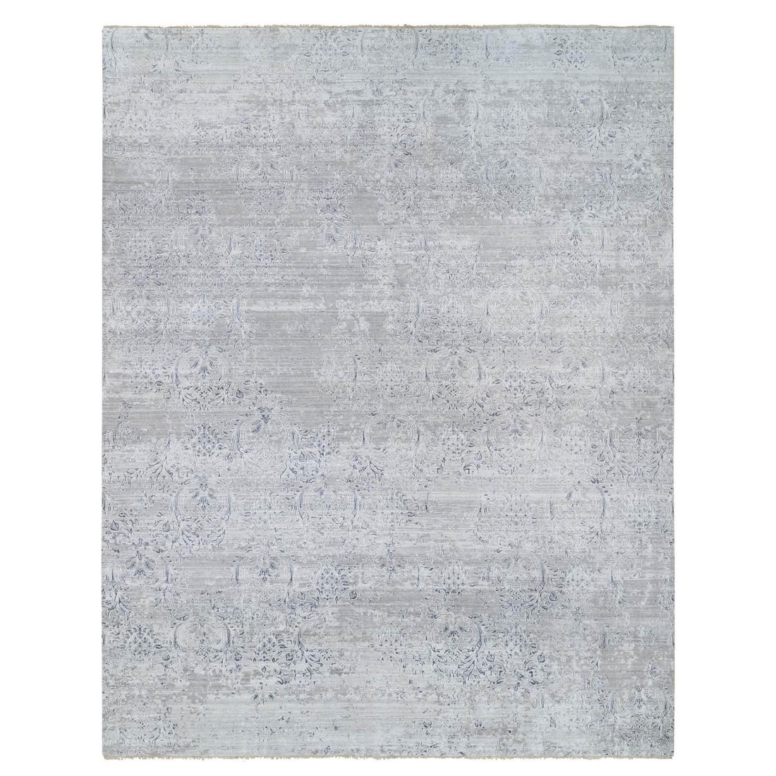 Rug 11'9"x15' Ivory Hand Knotted Damask Design Wool and Silk Oversized: Rug 11'9"x15' Ivory Hand Knotted Damask Design Wool and Silk Oversized Experience the timeless elegance of India's rich cultural heritage with this stunning ivory hand-knotted damask design wool and
