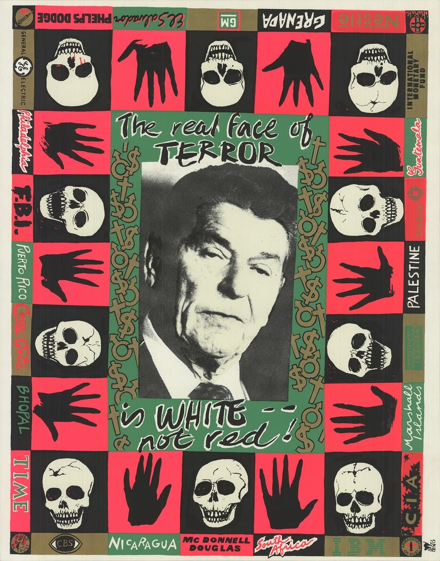 not red! (Green) 26" x 20.5" Ser - CAROL PORTER The real face of terror is white: not red! (Green) 26" x 20.5" Ser - CAROL PORTER The real face of terror is white Carol Porter's striking serigraph, "The real face of terror is white - not red! (Green)", is a rare and unique piece