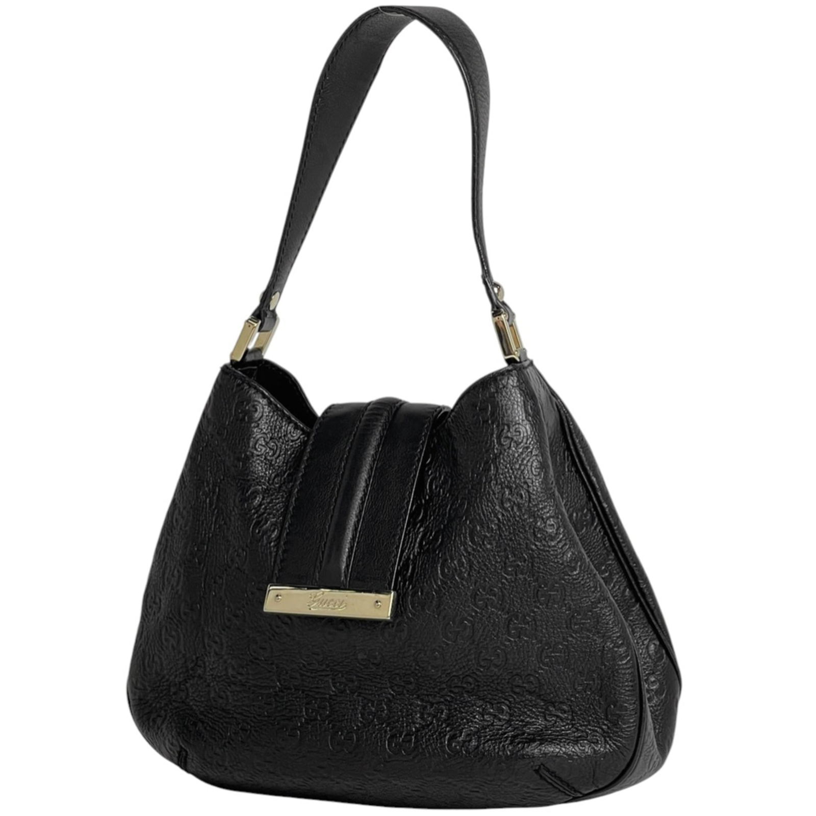 Gucci Leather Shoulder Bag: Gucci Leather Shoulder Bag A sleek and sophisticated black Gucci leather shoulder bag, perfect for adding a touch of luxury to any outfit. With its classic design and durable leather construction,