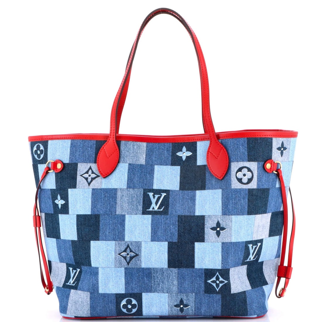 Louis Vuitton Neverfull Tote in Damier & Monogram Patchwork Denim MM: Louis Vuitton Neverfull Tote in Damier & Monogram Patchwork Denim MM A rare find for the fashionista, this Louis Vuitton Neverfull Tote in Damier & Monogram Patchwork Denim MM boasts a unique denim