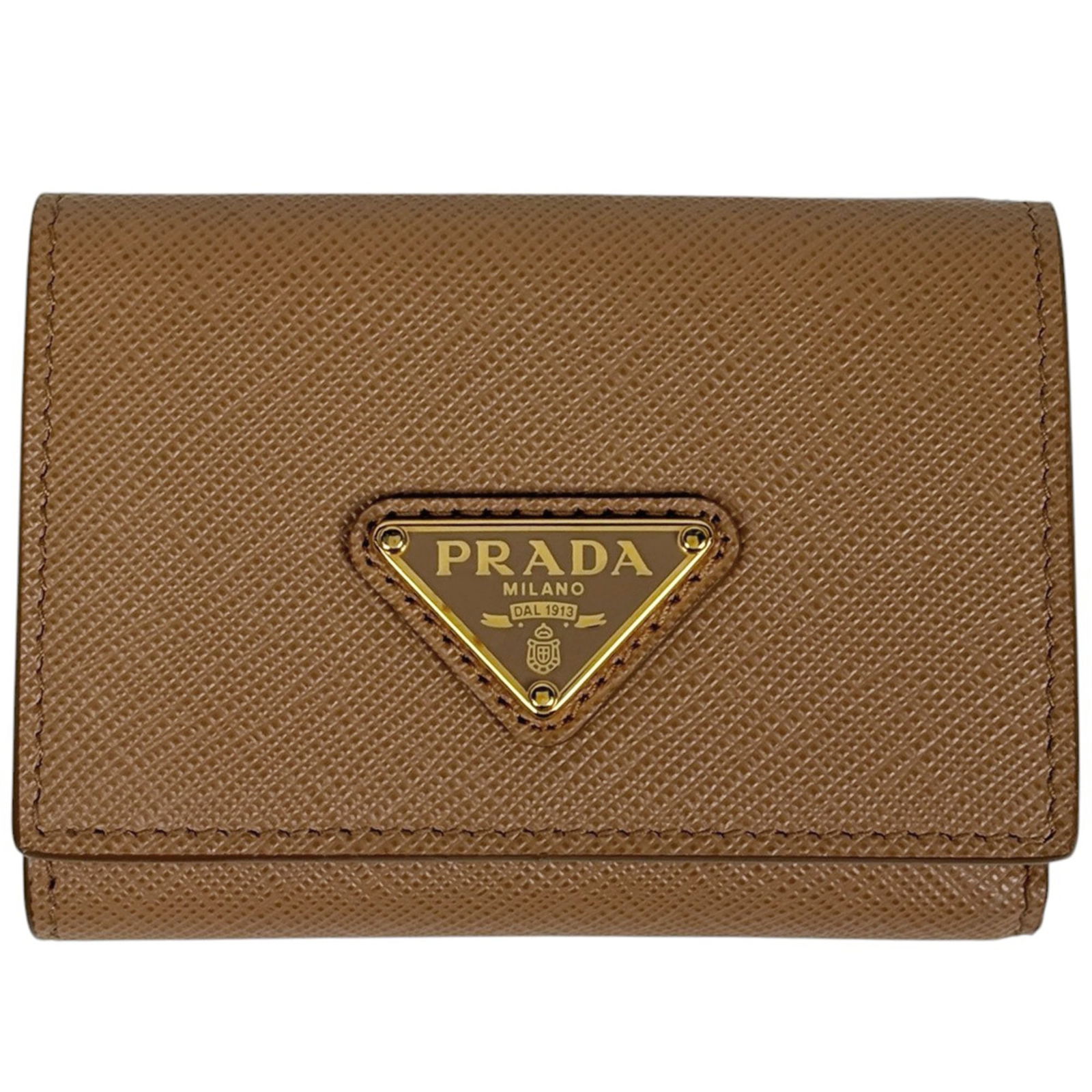 Prada Saffiano Leather Tri-Fold Wallet: Prada Saffiano Leather Tri-Fold Wallet A timeless piece of luxury, this Prada Saffiano Leather Tri-Fold Wallet boasts the iconic brand's signature durability and style. With its rich brown color and
