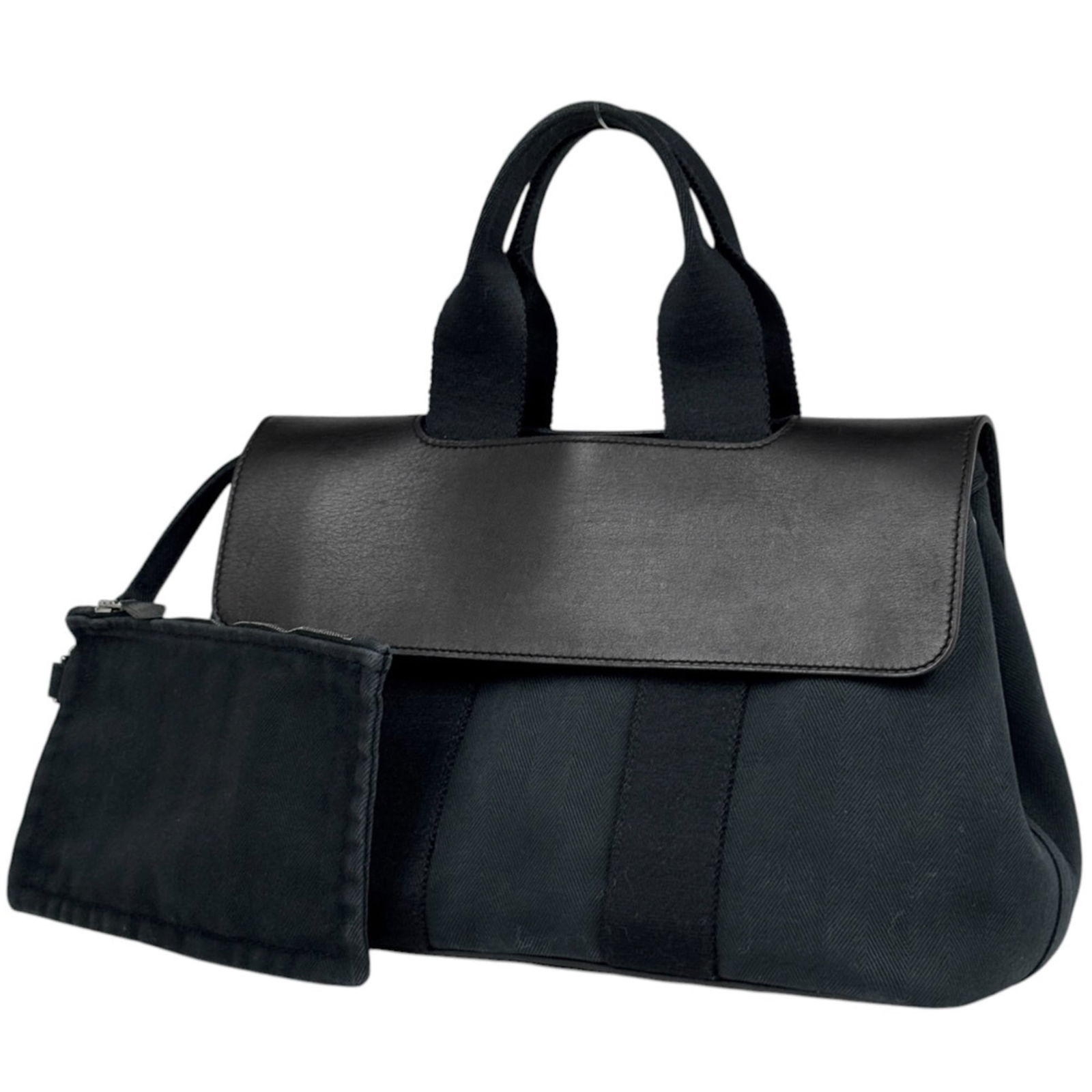 Hermes Leather Chevron Pouch Toile Handbag: Hermes Leather Chevron Pouch Toile Handbag A rare opportunity to own a pre-loved Hermes Leather Chevron Pouch Toile Handbag, boasting the iconic toile chevron pattern and sleek black leather