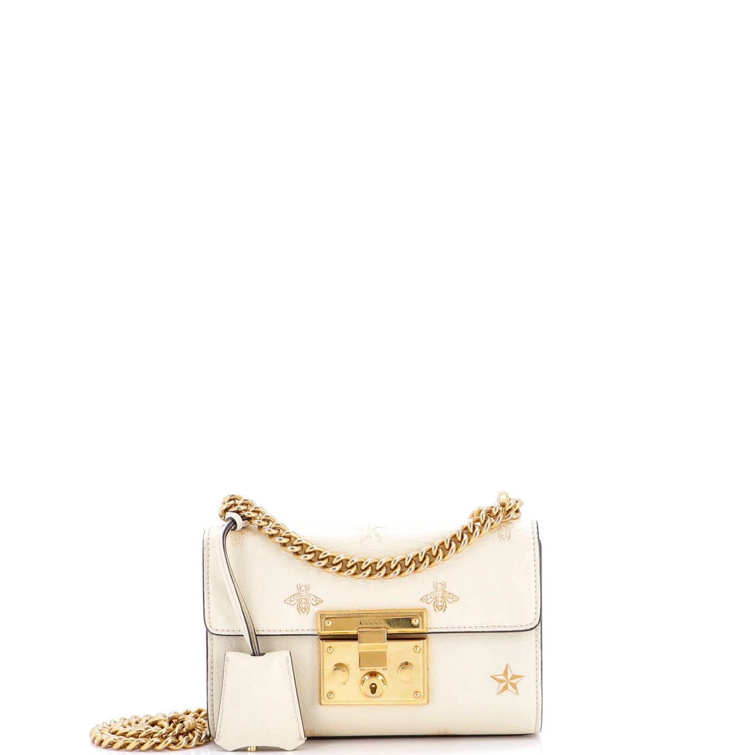 Gucci Small Printed Leather Shoulder Bag with Padlock: Gucci Small Printed Leather Shoulder Bag with Padlock A stylish and functional Gucci shoulder bag, perfect for adding a touch of luxury to your daily look, boasts a unique padlock closure and printed