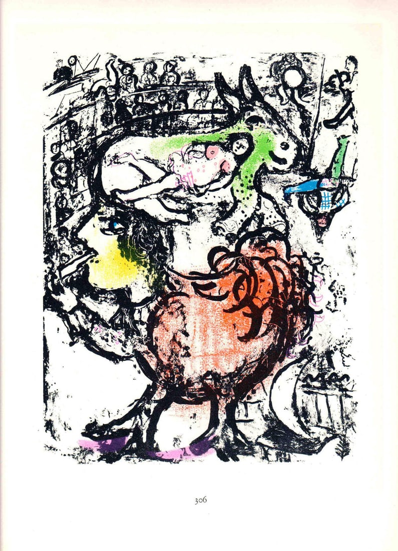 MARC CHAGALL 1963 Poster - Pirouette au Cirque (12.5" x 9.75"): MARC CHAGALL 1963 Poster - Pirouette au Cirque (12.5" x 9.75") Experience the whimsical world of Marc Chagall with his 1963 offset lithograph poster, Pirouette au Cirque. This vibrant and dreamlike