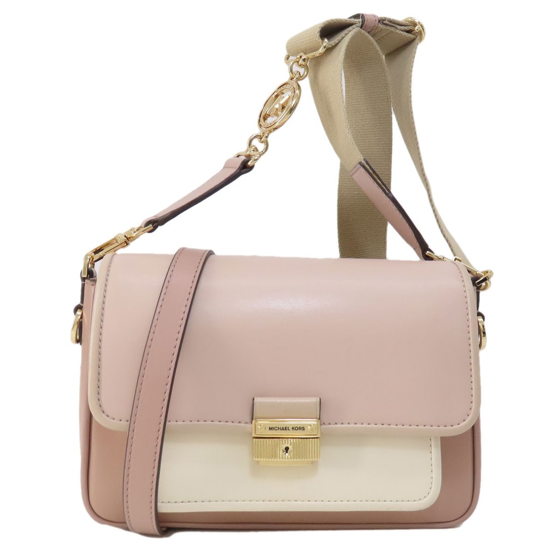 Michael Kors Logo Leather Shoulder Bag: Michael Kors Logo Leather Shoulder Bag Elevate your style with the iconic Michael Kors logo leather shoulder bag, boasting sleek pink leather exterior and timeless design that exudes sophistication.