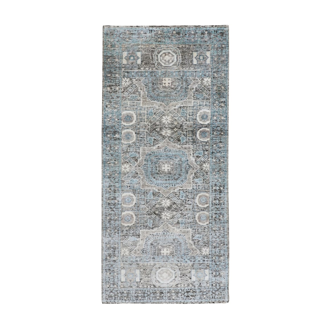 Rug 2'8"x6'1" Silk With Textured Wool Hi-Low Pile HandKnotted Runner Fine: Rug 2'8"x6'1" Silk With Textured Wool Hi-Low Pile HandKnotted Runner Fine Experience the rich beauty of India with this stunning hand-knotted silk and wool runner, boasting an intricate Oriental