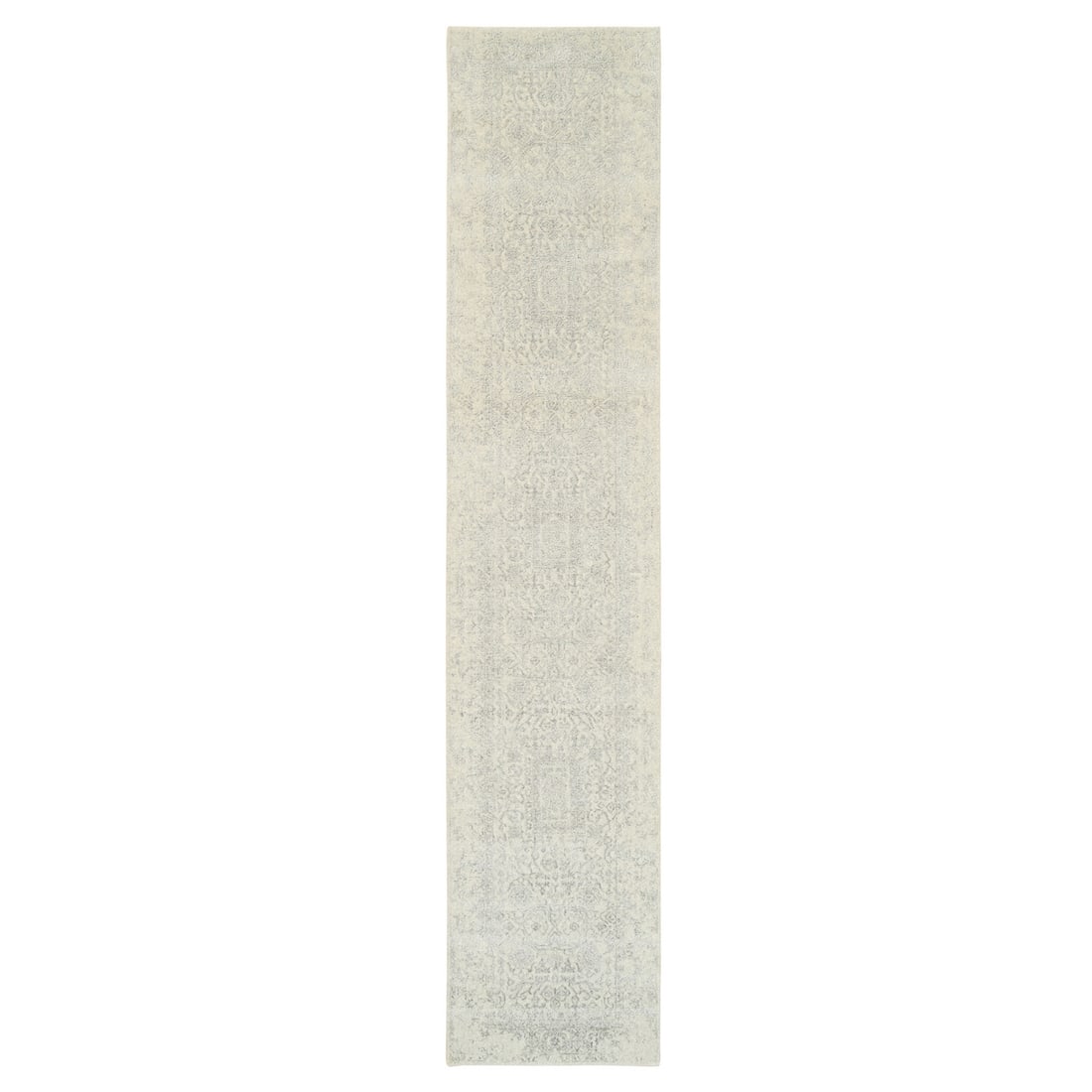 Rug 2'6"x12' Beige Wool and Silk Hand Loomed Fine Jacquard Runner: Rug 2'6"x12' Beige Wool and Silk Hand Loomed Fine Jacquard Runner Experience the rich textures and timeless elegance of India's finest craftsmanship with this exquisite, hand-loomed fine Jacquard