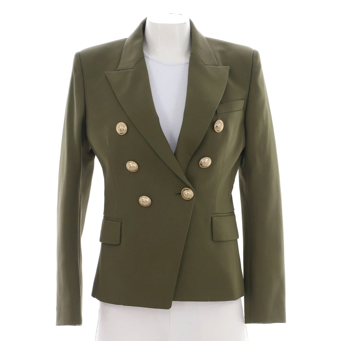 Balmain Women's Double-Breasted Wool Blazer: Balmain Women's Double-Breasted Wool Blazer Elevate your wardrobe with the iconic Balmain women's double-breasted wool blazer, boasting a striking green hue and classic double-breasted design that exu