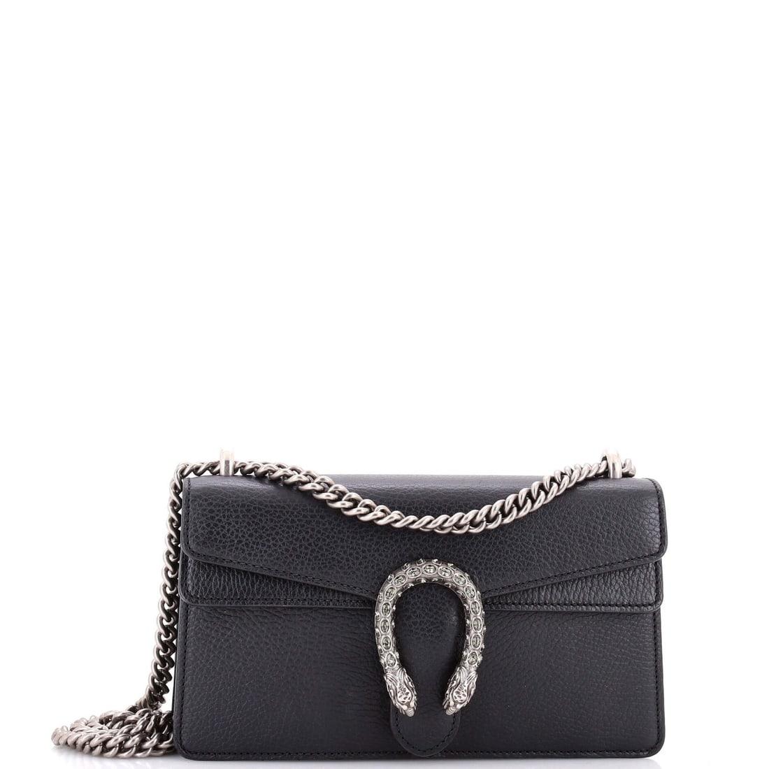Gucci Dionysus Small Leather Bag: Gucci Dionysus Small Leather Bag Experience the epitome of luxury with this stunning Gucci Dionysus Small Leather Bag, boasting sleek black leather exterior and neutral interior, adorned with aged sil