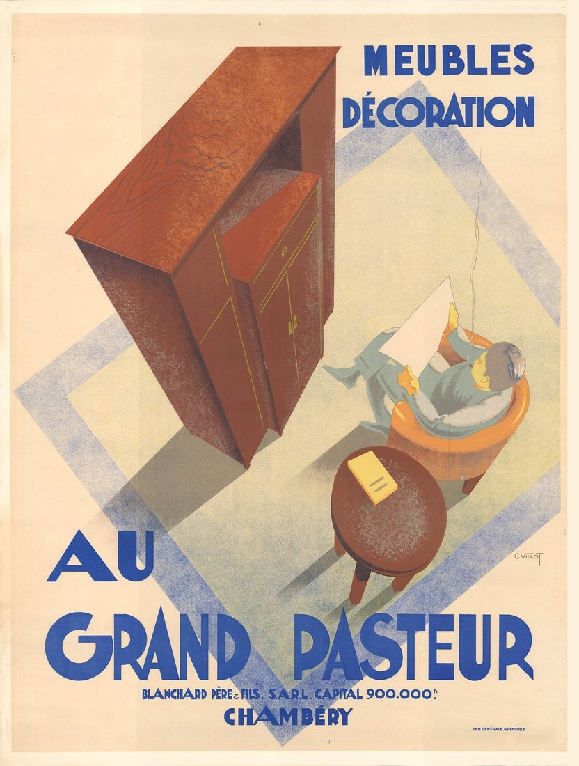 Deco CHARLES VILLOT Grand Pasteur 47" x 63" Lithograph 1935 Art: Deco CHARLES VILLOT Grand Pasteur 47" x 63" Lithograph 1935 Art This stunning 1935 lithograph by Charles Villot, titled Grand Pasteur, is a masterpiece of Art Deco architecture. Measuring 47 x 63