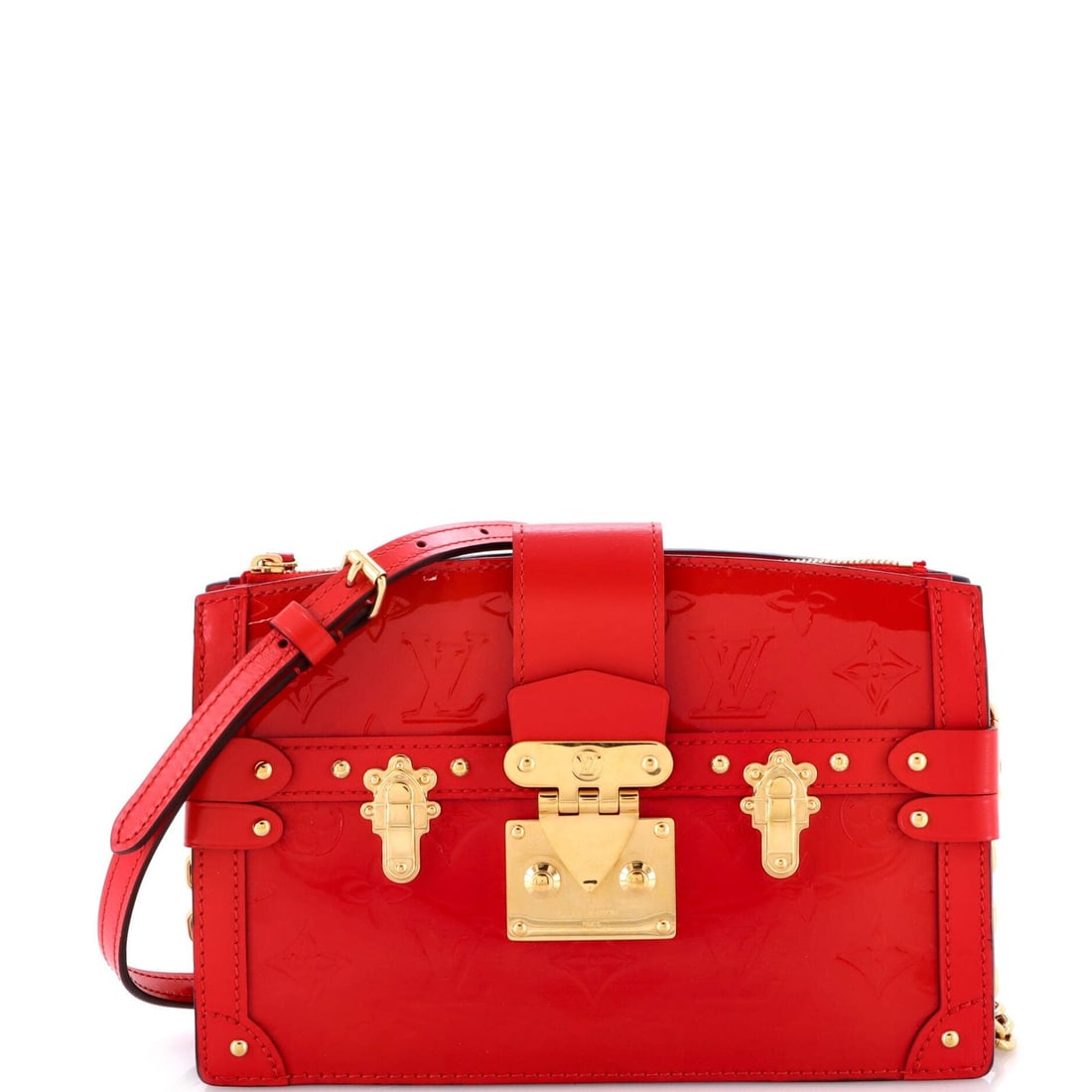 Louis Vuitton Vernis Trunk Clutch: Louis Vuitton Vernis Trunk Clutch Elevate your evening look with the iconic Louis Vuitton Vernis Trunk Clutch, boasting sleek patent leather exterior in bold red hue and gold hardware accents. This
