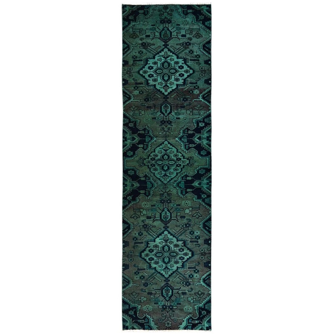 Rug 2'7"x9'10" Green Vintage Zoroastrian Amadan Hand Knotted Wool Runner: Rug 2'7"x9'10" Green Vintage Zoroastrian Amadan Hand Knotted Wool Runner Experience the rich cultural heritage of Turkey with this stunning 1950s vintage green Zoroastrian Amadan hand-knotted wool