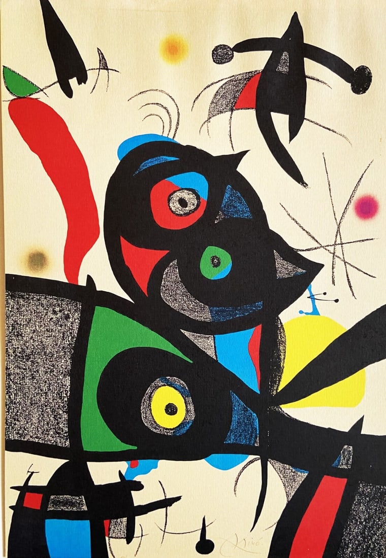 Mir Joan Lithograph Poligrafa Barcelona 1973 Published Op: Mir Joan Lithograph Poligrafa Barcelona 1973 Published Op A rare and iconic lithograph by Joan Mir?, 'Praise to Joan Mir : a dish' (1973), is up for auction. Printed in Barcelona by Poligrafa, this