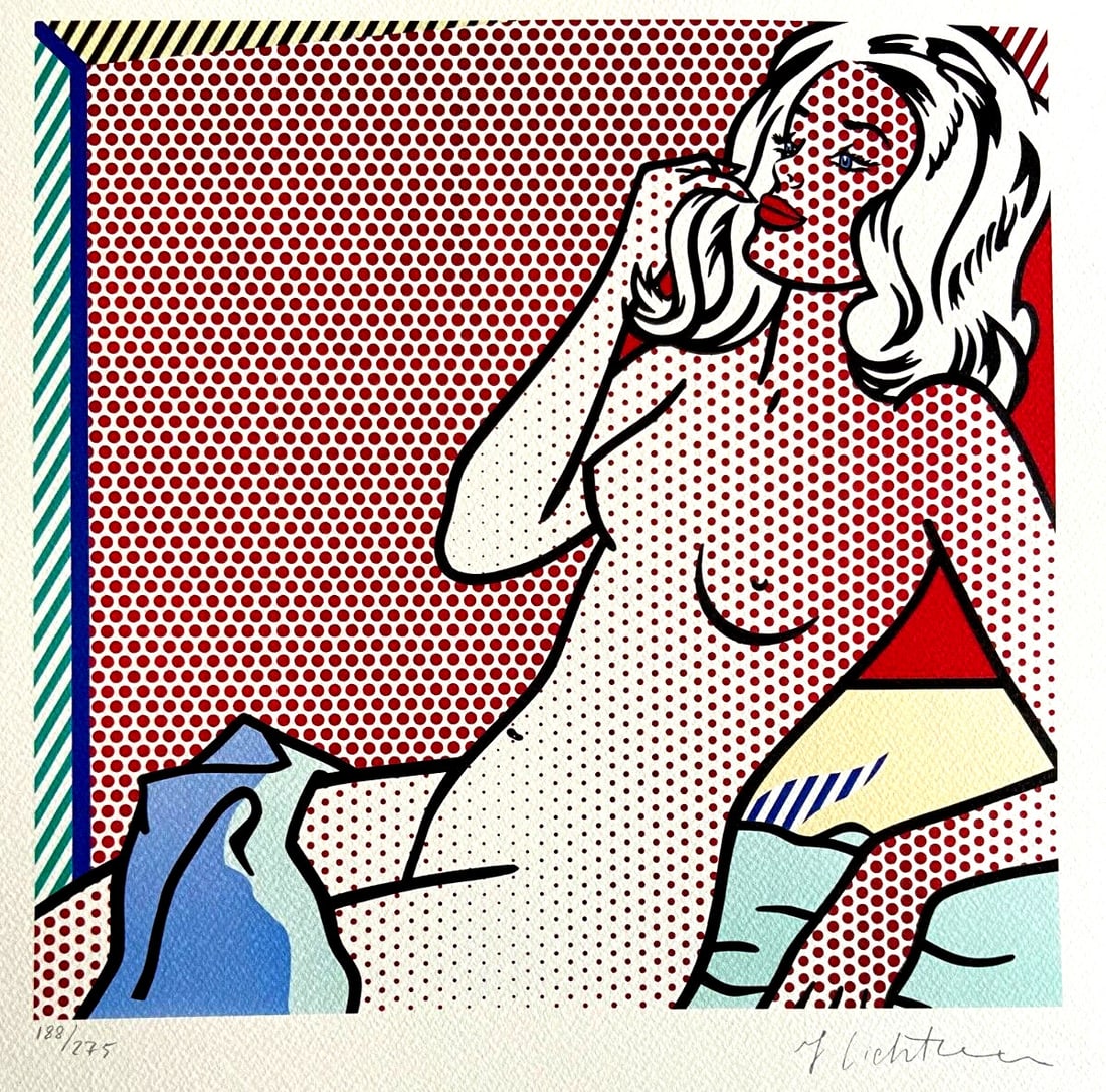 Collection Roy Lichtenstein Lithograph Numbered: Collection Roy Lichtenstein Lithograph Numbered Experience the iconic style of Roy Lichtenstein with this 1986 lithograph, "Nude lying", featuring his signature dotted effect and bold text. Printed