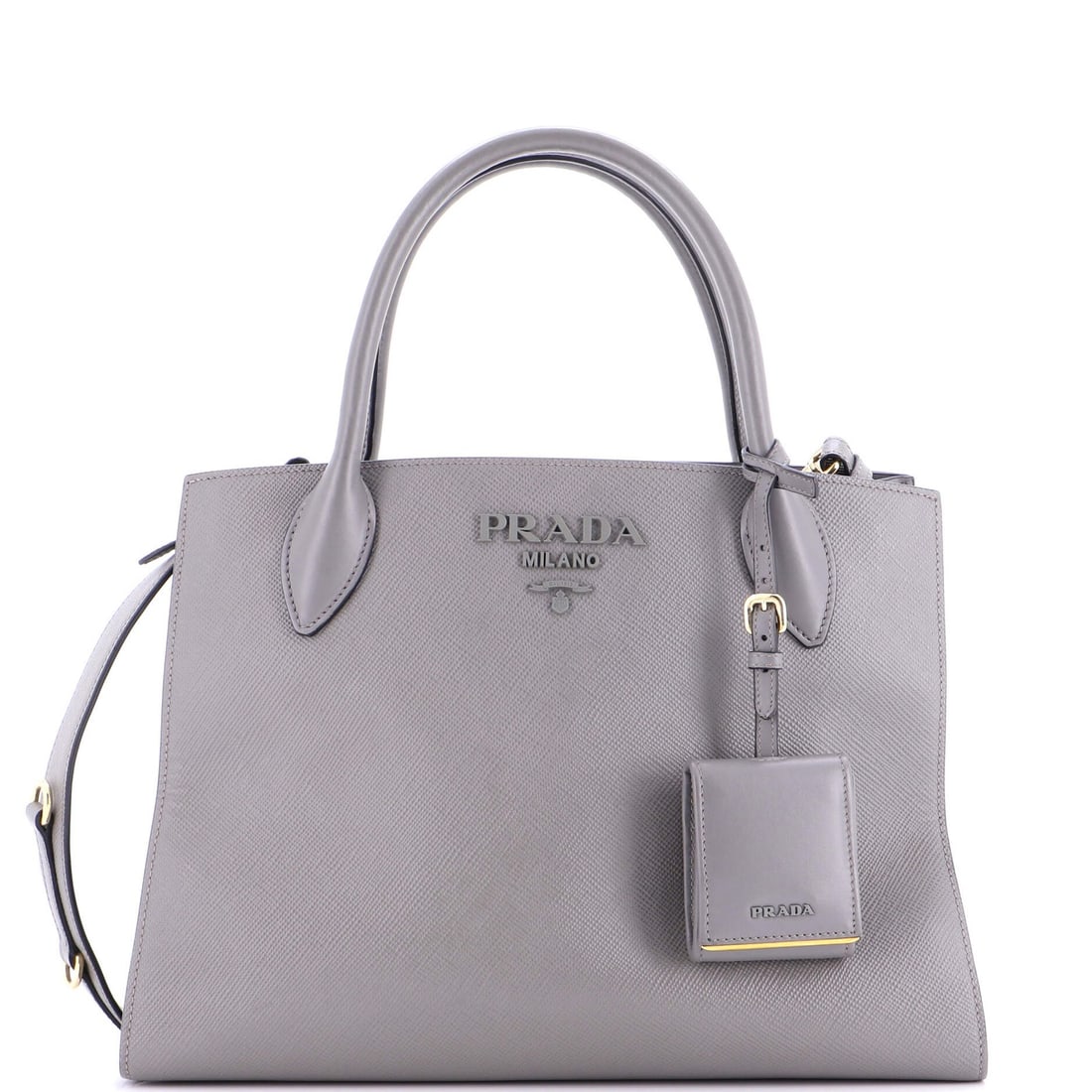 Prada Saffiano Medium City Calf Tote in Monochrome: Prada Saffiano Medium City Calf Tote in Monochrome Experience the timeless elegance of Prada's iconic Saffiano Medium City Calf Tote, crafted from rich gray leather and boasting a sleek monochrome