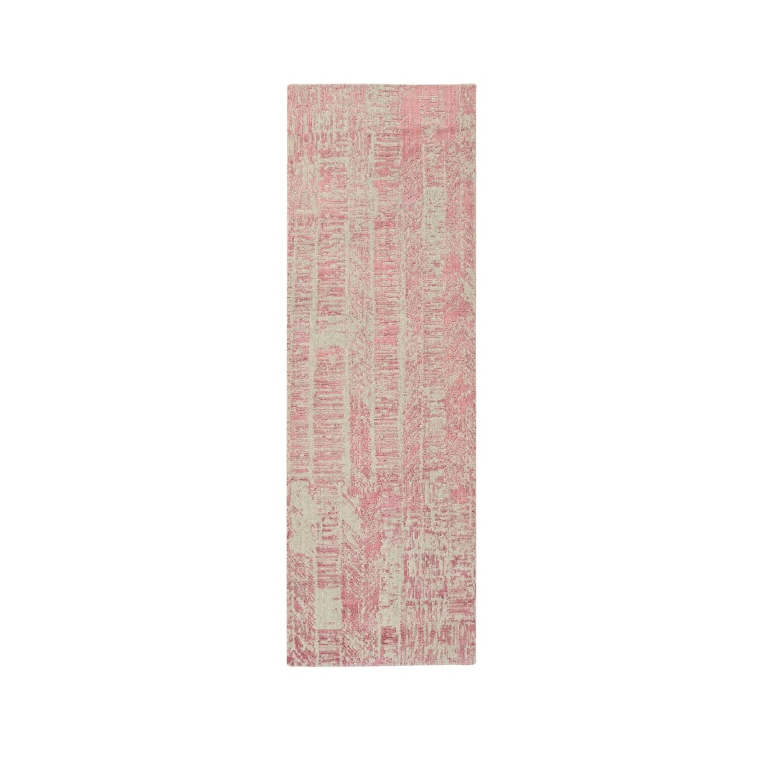 Rose Pink Jacquard Wool & Art Silk Runner Rug (2'6"x8'): Rose Pink Jacquard Wool & Art Silk Runner Rug (2'6"x8') Experience the beauty of traditional Indian craftsmanship with this stunning Rose Pink Jacquard Wool & Art Silk Runner Rug, hand loomed in