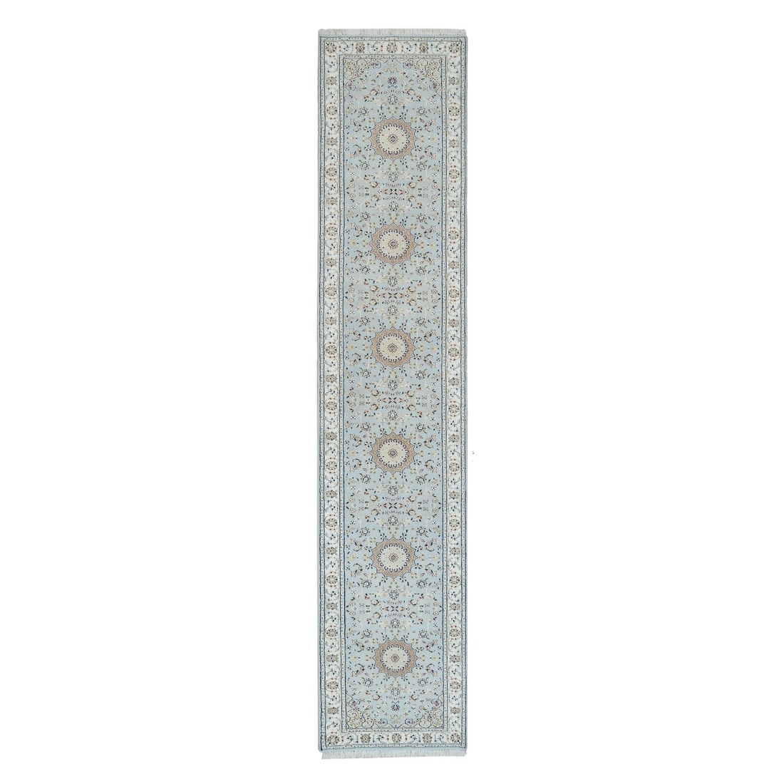 Rug 2'9"x14' Beau Blue Nain Design 250 KPSI Wool Hand Knotted XL Runner: Rug 2'9"x14' Beau Blue Nain Design 250 KPSI Wool Hand Knotted XL Runner Experience the rich beauty of Indian craftsmanship with this stunning 14' long, hand-knotted wool runner featuring an intricate