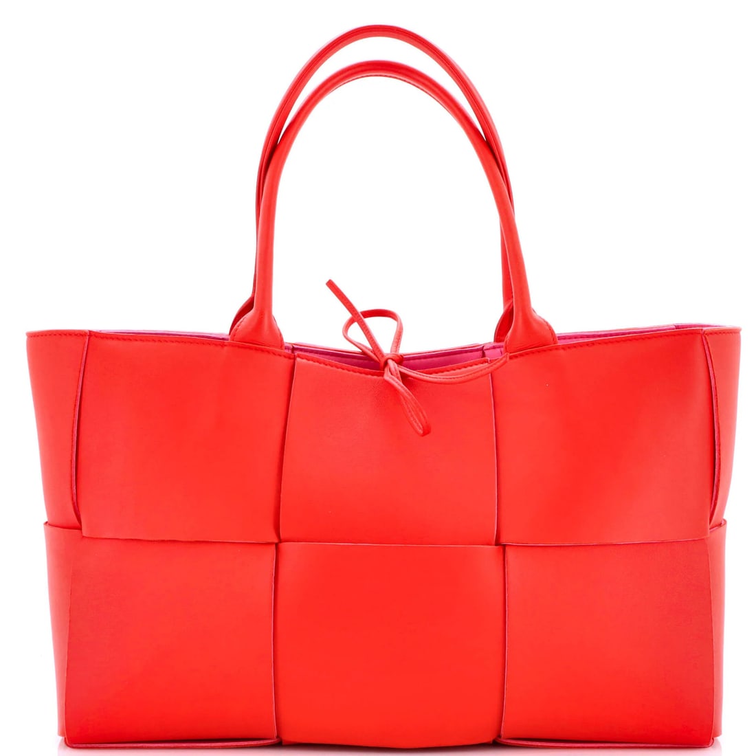 Bottega Veneta Arco Tote in Maxi Intrecciato Leather - Medium: Bottega Veneta Arco Tote in Maxi Intrecciato Leather - Medium Experience the timeless elegance of Bottega Veneta's iconic Arco Tote, crafted from rich Maxi Intrecciato Leather in vibrant red. This