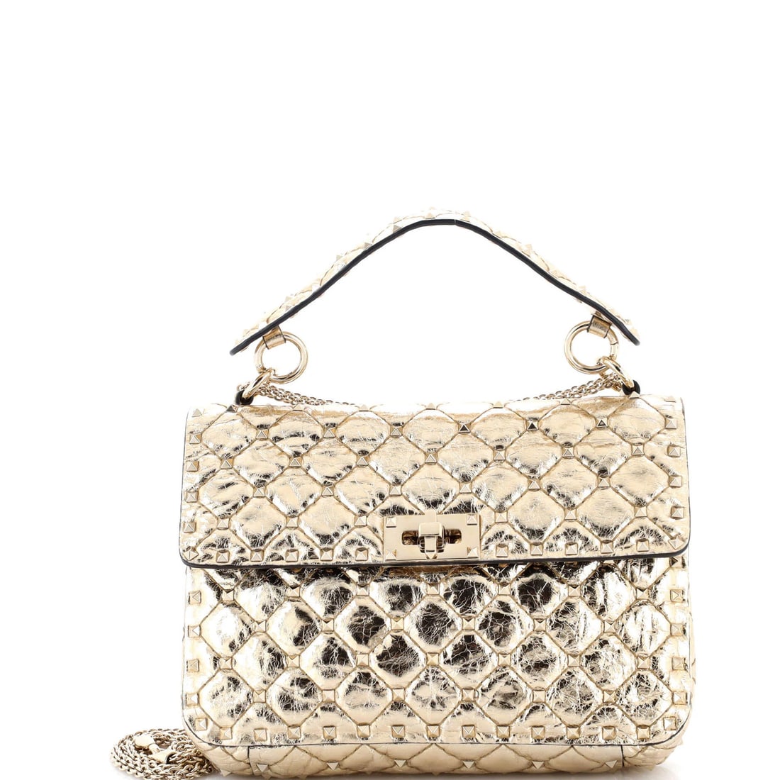 Valentino Garavani Rockstud Spike Flap Quilted Leather Medium Bag: Valentino Garavani Rockstud Spike Flap Quilted Leather Medium Bag Elevate your style with the iconic Valentino Garavani Rockstud Spike Flap Quilted Leather Medium Bag, boasting sleek gold hardware