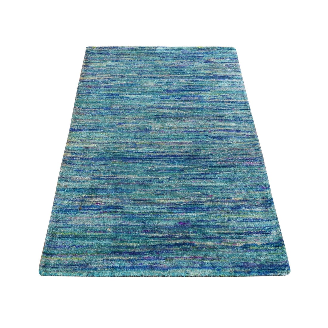 Rug 2'1"x3'2" Shades of Blue Hand Knotted Sample Pure Sari Silk Mat: Rug 2'1"x3'2" Shades of Blue Hand Knotted Sample Pure Sari Silk Mat Experience the beauty of traditional Indian craftsmanship with this stunning 2'1"x3'2" hand-knotted rug, expertly woven from pure