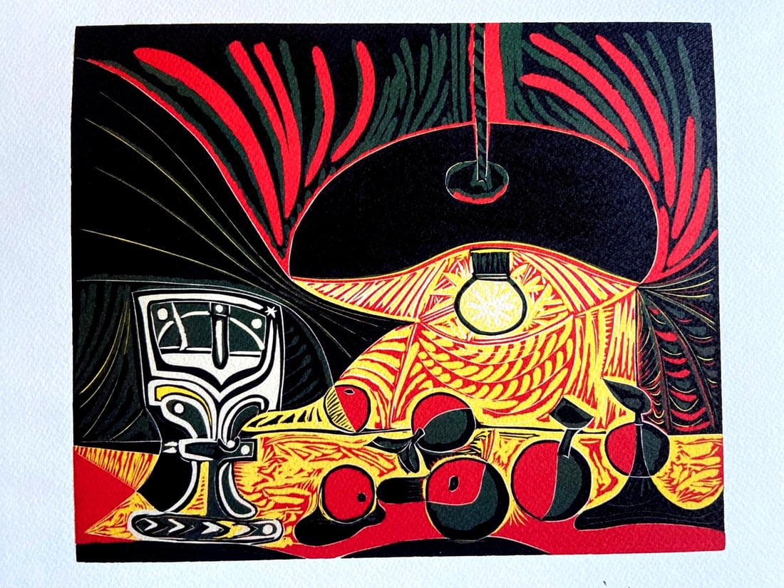 Matisse Pablo Picasso Estate Lithograph Op -Henri: Matisse Pablo Picasso Estate Lithograph Op -Henri A rare and striking lithograph by Pablo Picasso, "Dead Nature with Glass Under the Lamp" is a masterful work from 1962, showcasing the artist's
