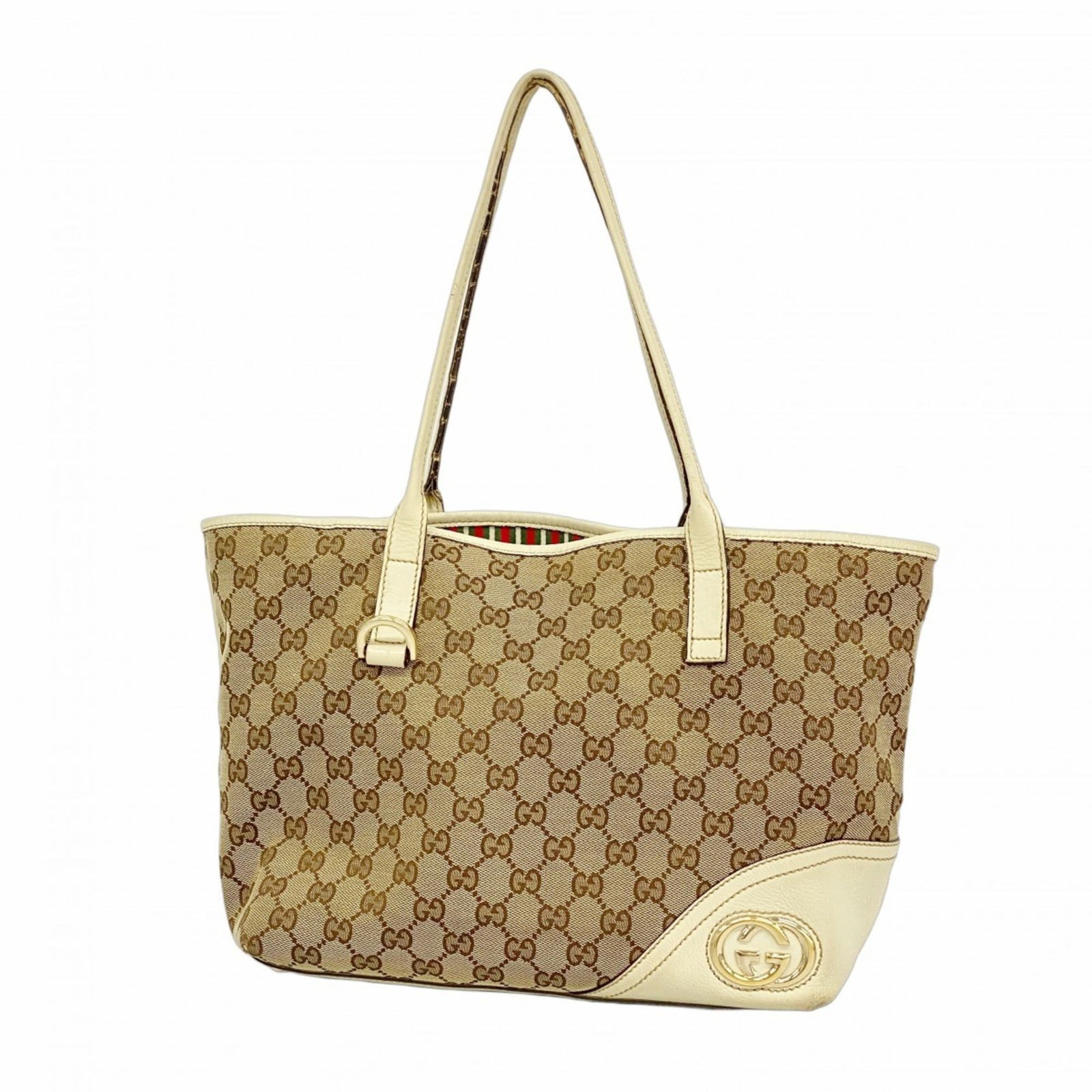 Gucci Canvas Tote Bag: Gucci Canvas Tote Bag A timeless Gucci canvas tote bag in classic beige and ivory hues, adorned with elegant champagne gold hardware, adds a touch of sophisticated chic to any outfit. With its