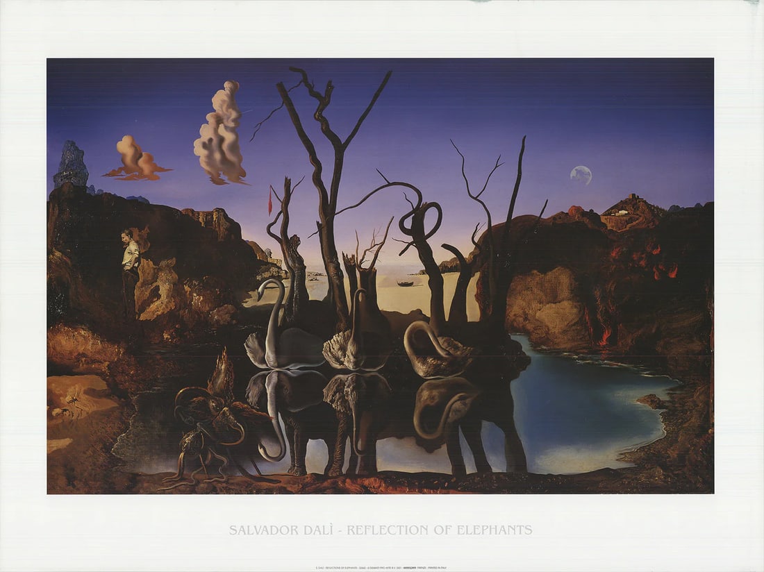Surr SALVADOR DALI Reflection of Elephants 23.75" x 31.5" Offset Lithograph 2001: Surr SALVADOR DALI Reflection of Elephants 23.75" x 31.5" Offset Lithograph 2001 Experience the surreal world of Salvador Dali with his striking 2001 offset lithograph, Reflection of Elephants. This l