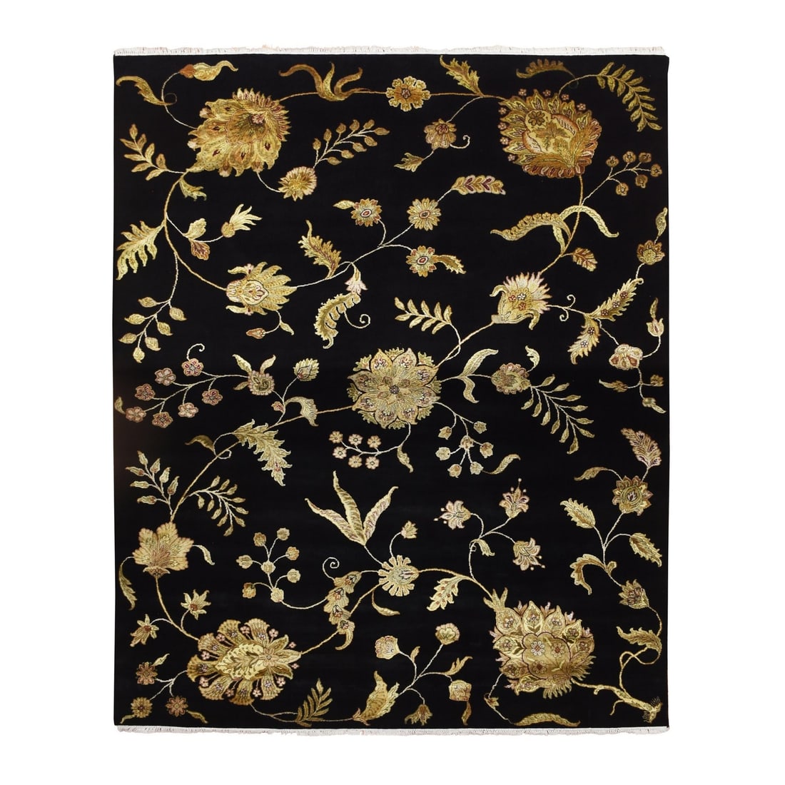 Black Botanical Design Wool & Silk Hand-Knotted Oriental Rug (8'2"x10'): Black Botanical Design Wool & Silk Hand-Knotted Oriental Rug (8'2"x10') Experience the rich beauty of India with this stunning black botanical design wool and silk hand-knotted Oriental rug, measuring