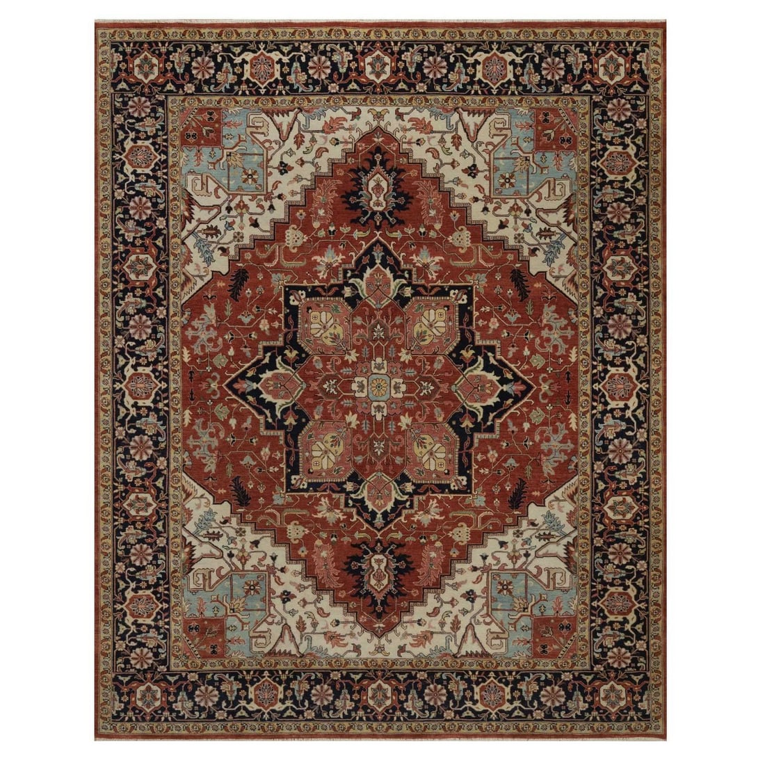 Rug 8'1"x10'1" Red Soft Wool Hand Knotted Antiqued Fine Heris Re-Creation: Rug 8'1"x10'1" Red Soft Wool Hand Knotted Antiqued Fine Heris Re-Creation Experience the rich beauty of India's Heris style, expertly recreated in this stunning 8'1"x10'1" red soft wool hand-knotted