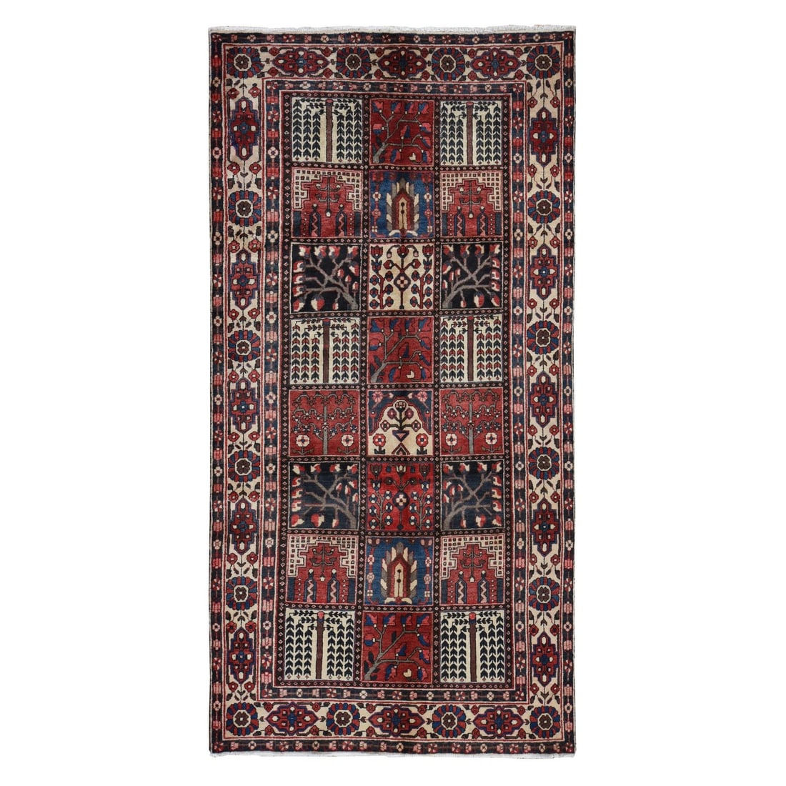 Rug 5'1"x10' Red Baktiarjoon Block Garden Design Hand Knotted Pure Wool: Rug 5'1"x10' Red Baktiarjoon Block Garden Design Hand Knotted Pure Wool Experience the rich heritage of Turkish craftsmanship in this stunning 2000-year-old Baktiarjoon block garden design