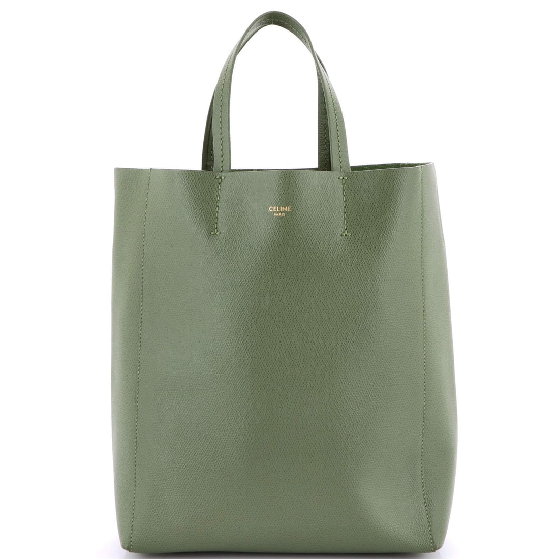 Celine Small Vertical Cabas Tote in Grained Calfskin: Celine Small Vertical Cabas Tote in Grained Calfskin Experience the timeless elegance of Celine's Small Vertical Cabas Tote, crafted from rich grained calfskin in a vibrant green hue that adds a pop