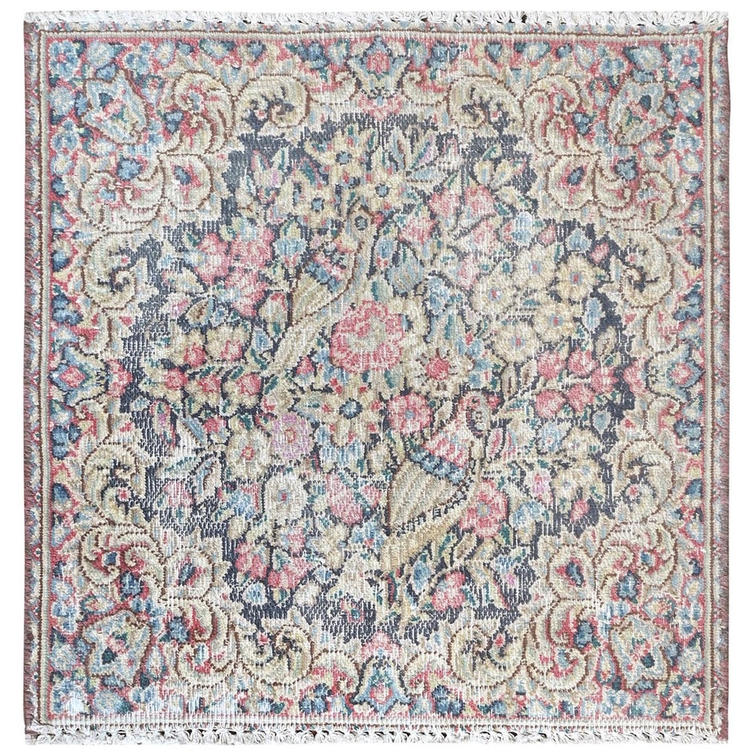 Rug 1'8"x1'8" Colorful Worn Wool Hand Knotted Vintage Farsian Karman: Rug 1'8"x1'8" Colorful Worn Wool Hand Knotted Vintage Farsian Karman Experience the rich history and cultural heritage of Turkey in this stunning, one-of-a-kind Farsian rug. Hand-knotted from