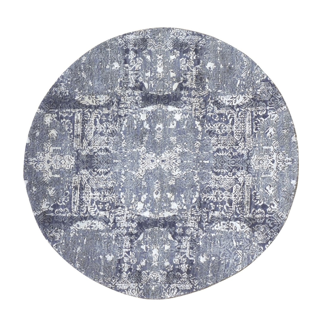 Rug 4'x4' Round Gray Wool And Pure Silk Jewellery Design Hand Knotted: Rug 4'x4' Round Gray Wool And Pure Silk Jewellery Design Hand Knotted Experience the rich beauty of India in every step with this stunning 4'x4' round rug, hand-knotted from luxurious wool and pure