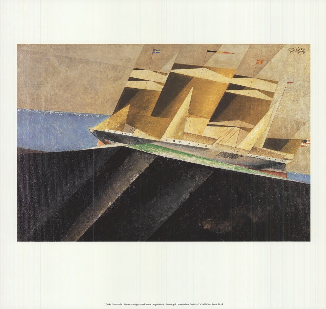 Lyonel Feininger Black Wave (17" x 17.75") 1993 Offset Lithograph: Lyonel Feininger Black Wave (17" x 17.75") 1993 Offset Lithograph Lyonel Feininger's 1993 offset lithograph, Black Wave, is a stunning example of modernist landscape art. Measuring 17 x 17.75 inches,