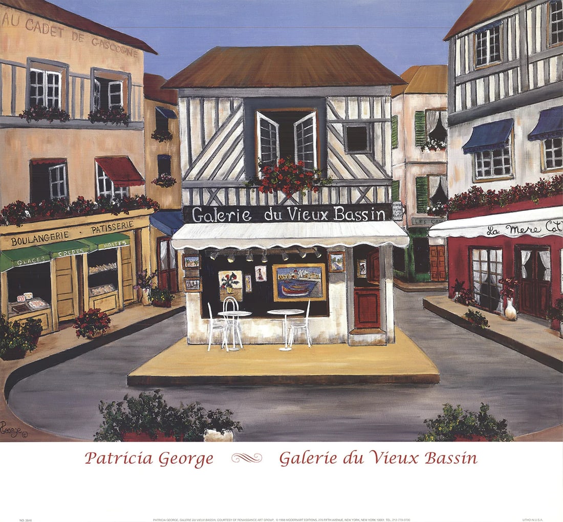 Galerie du Vieux Bassin Patricia George 1998 Offset Lithograph 26" x 28: Galerie du Vieux Bassin Patricia George 1998 Offset Lithograph 26" x 28 Experience the elegance of Patricia George's 1998 offset lithograph, Galerie du Vieux Bassin, a stunning representation of