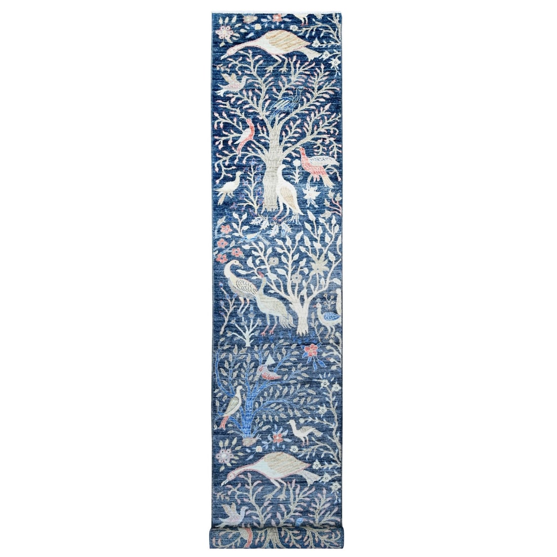 Rug 2'8"x16' Blue Afghan Peshawar Birds Design Hand Knotted Wool Runner: Rug 2'8"x16' Blue Afghan Peshawar Birds Design Hand Knotted Wool Runner Experience the rich cultural heritage of Afghanistan with this stunning 16' hand-knotted wool runner, boasting an intricate