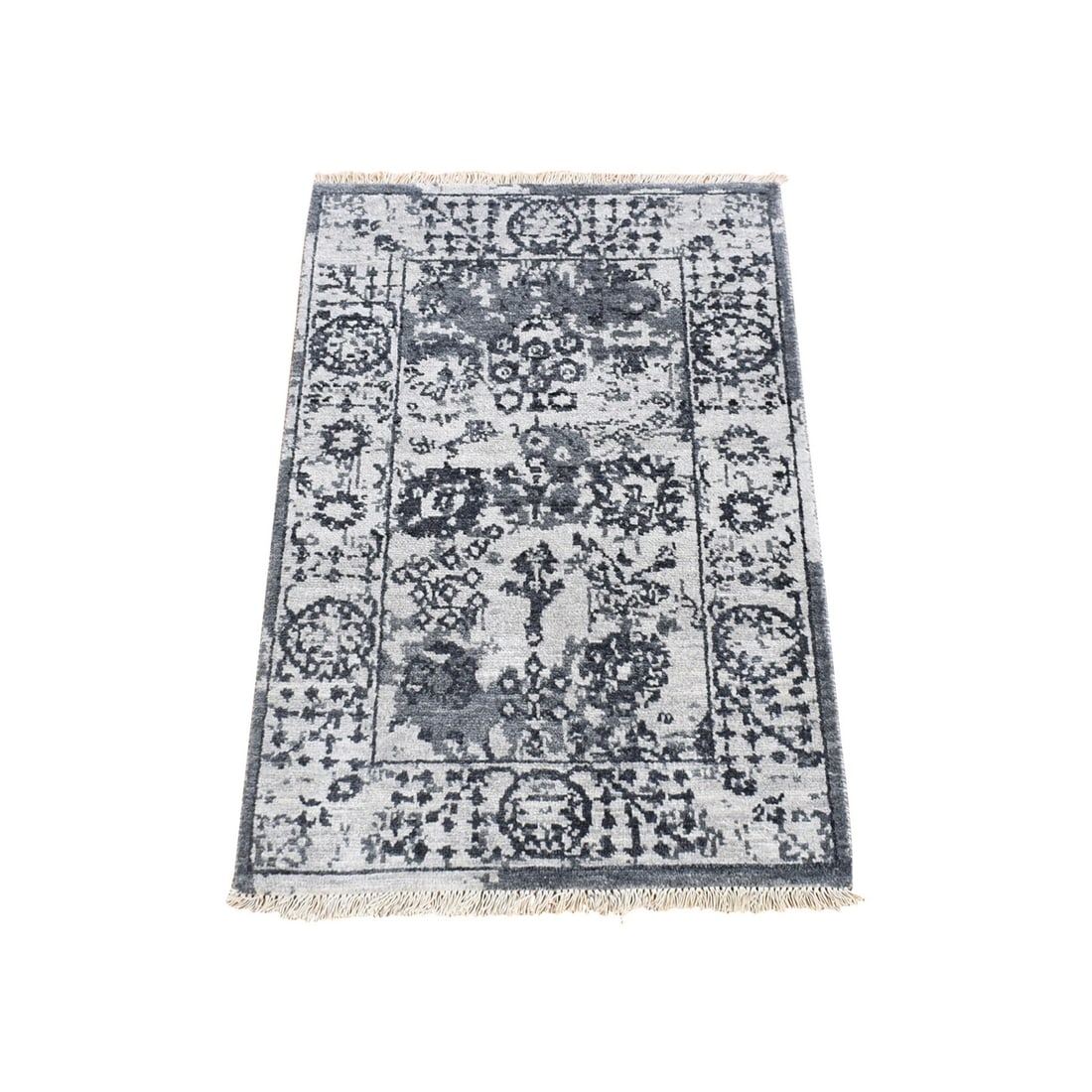 Rug 2'1"x3'2" Ivory Erased Tebraz Design Sample Hand Knotted Wool-Silk: Rug 2'1"x3'2" Ivory Erased Tebraz Design Sample Hand Knotted Wool-Silk Experience the timeless beauty of Indian craftsmanship with this exquisite hand-knotted wool-silk rug, featuring an intricate