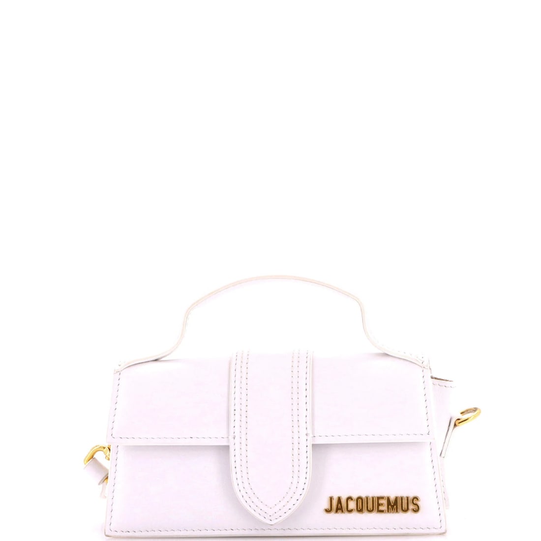 Jacquemus Le Bambino Top Handle Flap Bag in Leather: Jacquemus Le Bambino Top Handle Flap Bag in Leather The Jacquemus Le Bambino Top Handle Flap Bag is a chic and timeless piece, boasting a sleek white leather exterior with a classic cross-body design