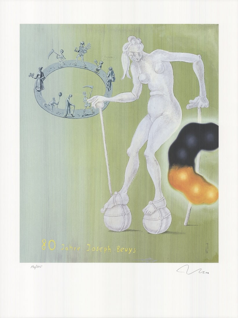 200 JORG IMMENDORF 80 Jahre Joseph Bueys SIGNED 31.5" x 23.75" Offset Lithograph: 200 JORG IMMENDORF 80 Jahre Joseph Bueys SIGNED 31.5" x 23.75" Offset Lithograph A stunning offset lithograph by renowned artist Jorg Immendorf, '80 Jahre Joseph Bueys' celebrates the 80th anniversary