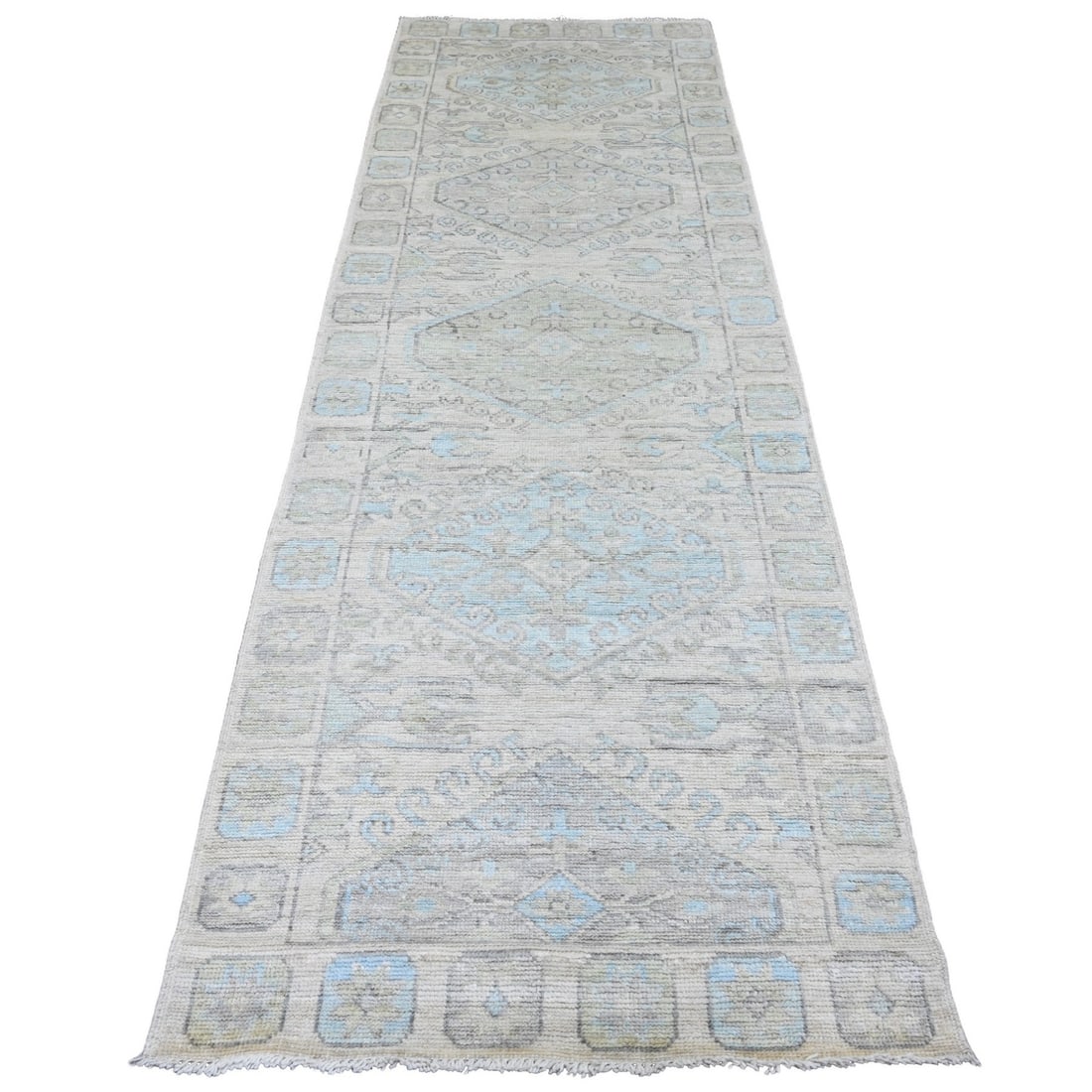White Anatolian Village Inspired Wool Hand-Knotted 3'3"x10' Runner Rug: White Anatolian Village Inspired Wool Hand-Knotted 3'3"x10' Runner Rug Experience the timeless beauty of traditional Afghan craftsmanship with this stunning White Anatolian Village Inspired Wool