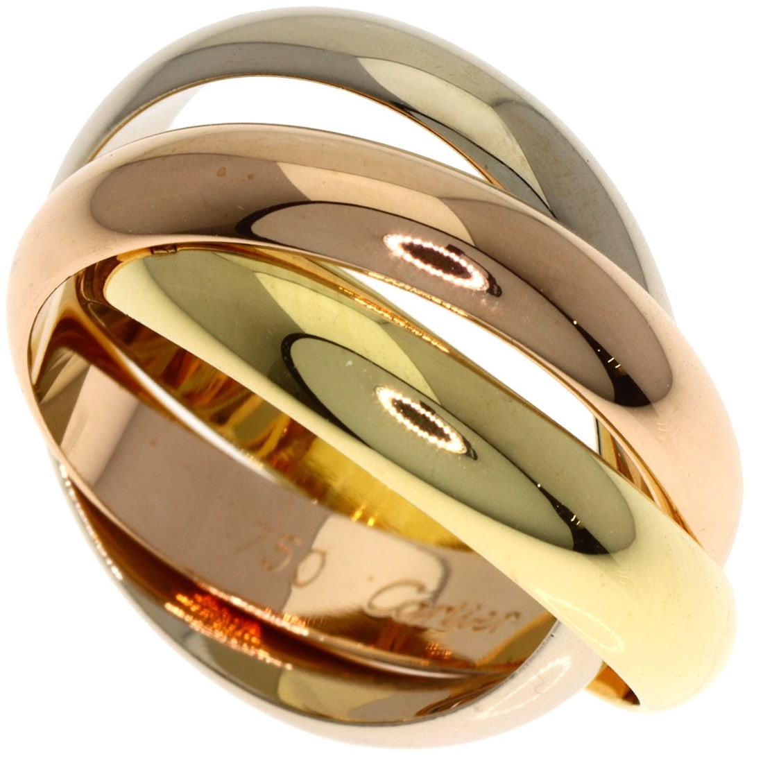 CARTIER Trinity MM #49 18k Yellow and Pink Gold Ring: CARTIER Trinity MM #49 18k Yellow and Pink Gold Ring A stunning Cartier Trinity MM ring, #49 is set in 18k yellow and pink gold, showcasing the iconic interlocking trinity motif that has become