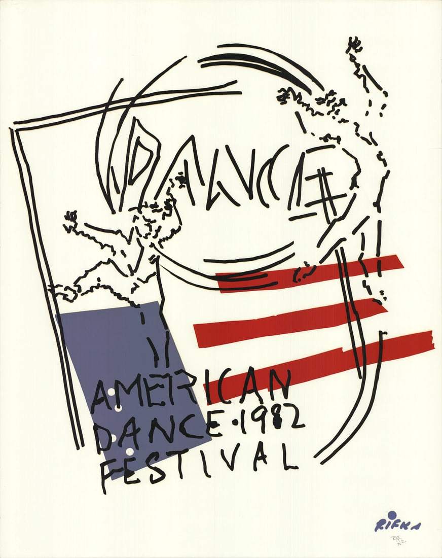 Contempo JUDY RIFKA American Dance Festival 1982 SIGNED 48" x 38" Serigraph 1982: Contempo JUDY RIFKA American Dance Festival 1982 SIGNED 48" x 38" Serigraph 1982 A rare opportunity to own a piece of art history, this signed 48" x 38" serigraph by Judy Rifka captures the energy