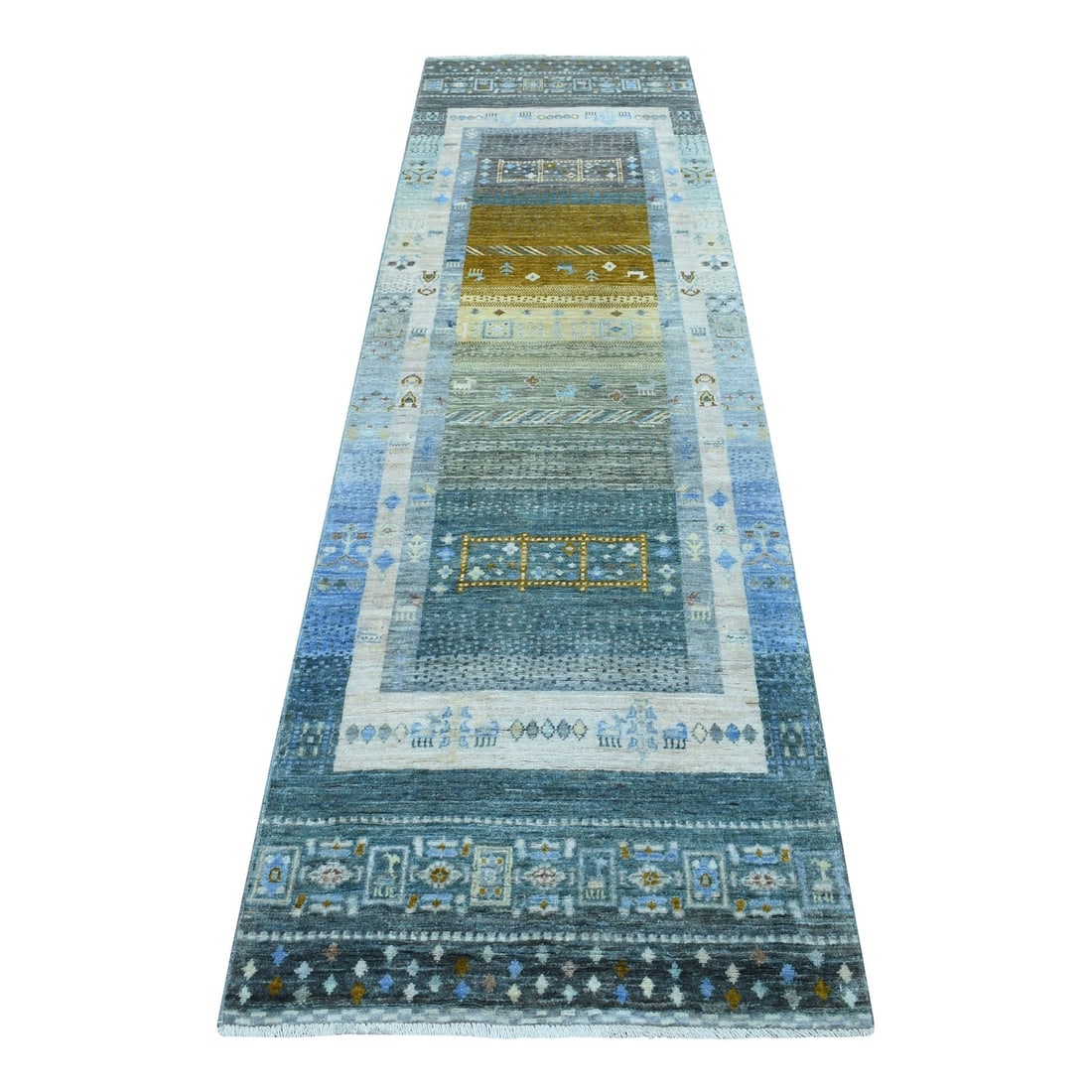 Light Blue Folk Art Kashkuli Gabbeh Wool Hand-Knotted Ethnic Rug (2'7"x9'6"): Light Blue Folk Art Kashkuli Gabbeh Wool Hand-Knotted Ethnic Rug (2'7"x9'6") Experience the warmth and authenticity of traditional Persian folk art with this stunning Light Blue Kashkuli Gabbeh wool