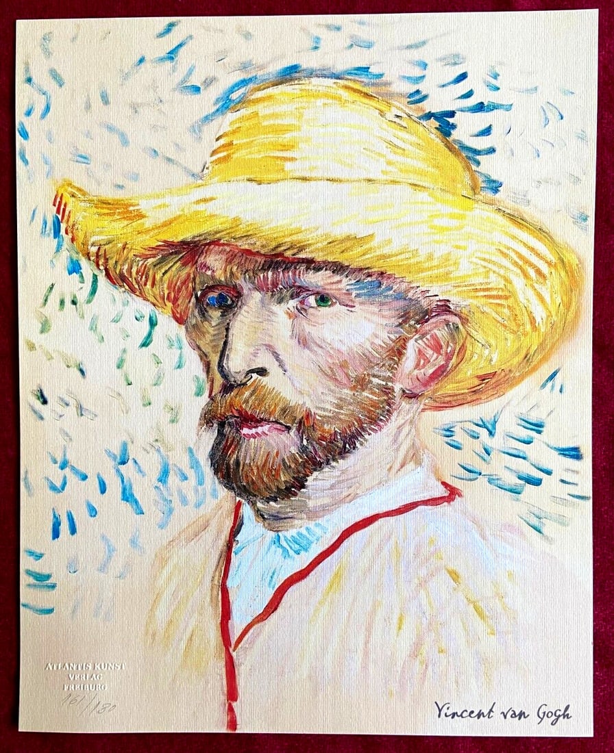 Schiele Vincent Van Gogh Lithograph From A Painting Numbered Egon/: Schiele Vincent Van Gogh Lithograph From A Painting Numbered Egon/ A rare and authentic lithograph of Vincent Van Gogh's self-portrait with hat, printed in 1978 by Atlantis Verlag, is up for auction.