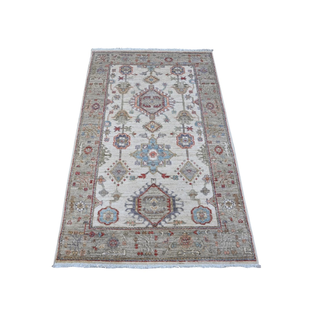Rug 3'x5'1" Snowbound White Karjihooz Design Hand Knotted Wool Oriental: Rug 3'x5'1" Snowbound White Karjihooz Design Hand Knotted Wool Oriental Experience the timeless beauty of Afghan craftsmanship with this stunning hand-knotted wool rug, featuring an intricate