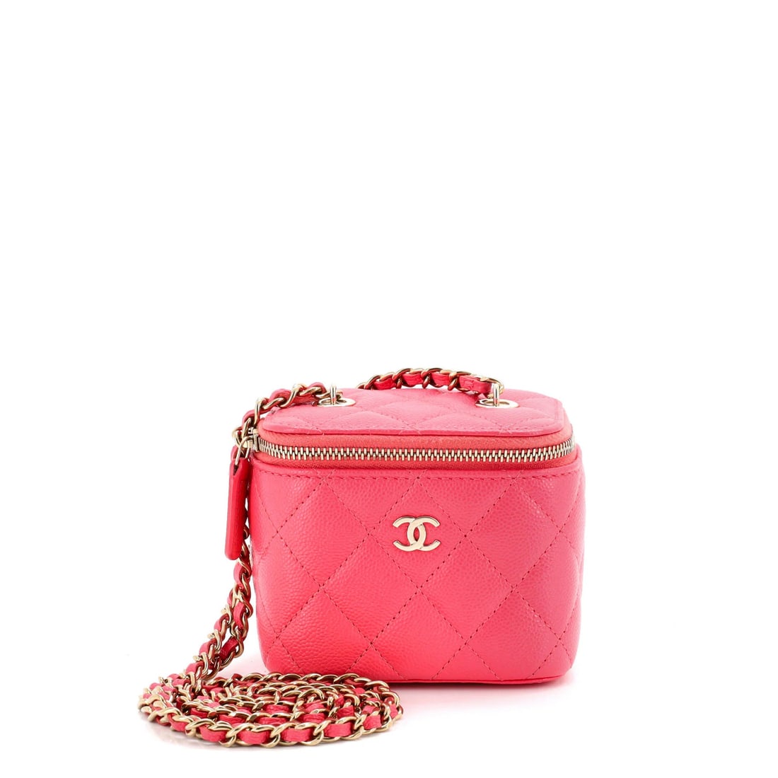 Chanel Caviar Mini Quilted Chain Vanity Case: Chanel Caviar Mini Quilted Chain Vanity Case The Chanel Caviar Mini Quilted Chain Vanity Case is a chic and functional cosmetic case that exudes luxury and sophistication. Its pink leather exterior