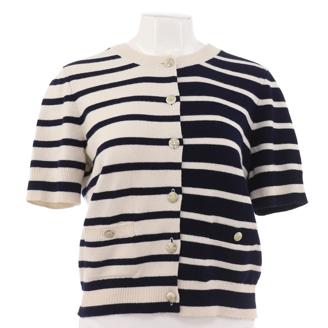 Chanel Women's Cashmere Striped Cropped Sleeve Crewneck Cardigan: Chanel Women's Cashmere Striped Cropped Sleeve Crewneck Cardigan Experience the timeless elegance of Chanel with this luxurious cashmere striped cropped sleeve crewneck cardigan. Crafted from soft,
